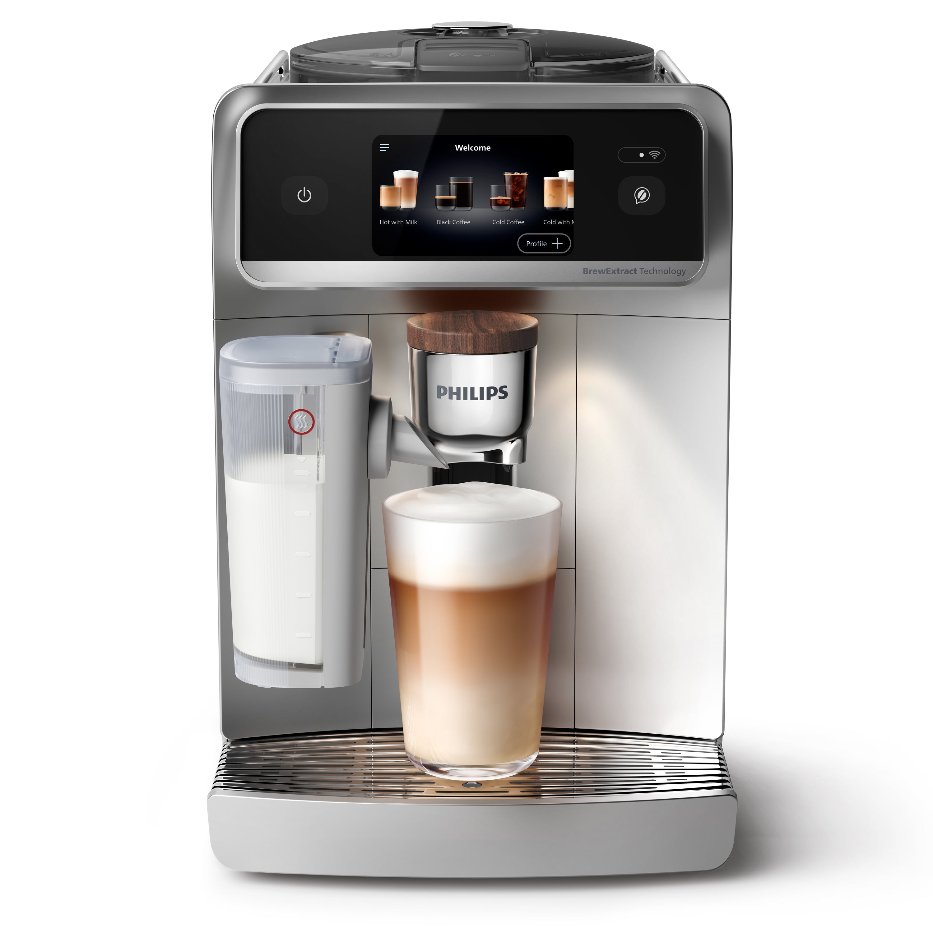 Philips Café Aromis 8000 Silver Chrome — packshot officiel avec verre de cappuccino