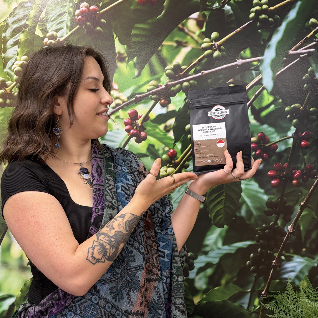 Une membre de l'équipe tient le sac du café du mois, Indonésie Gayo Triple Pick Washed G1, devant un mur de caféiers
