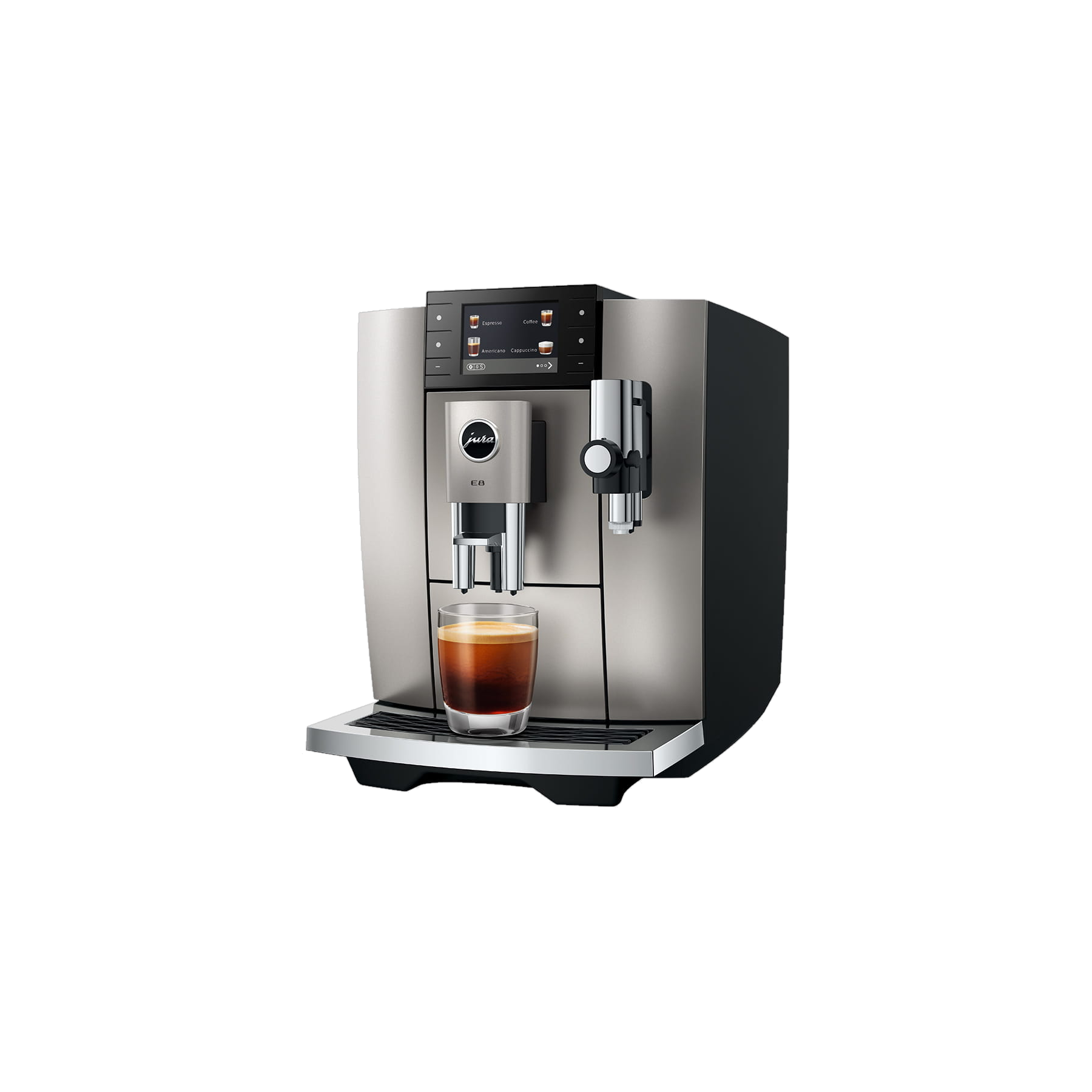 Jura E8 Midnight Silver — vue trois quarts