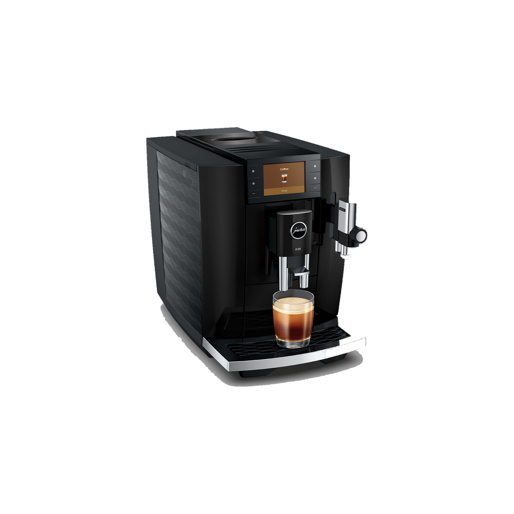 Jura E8 Piano Black — vue trois quarts