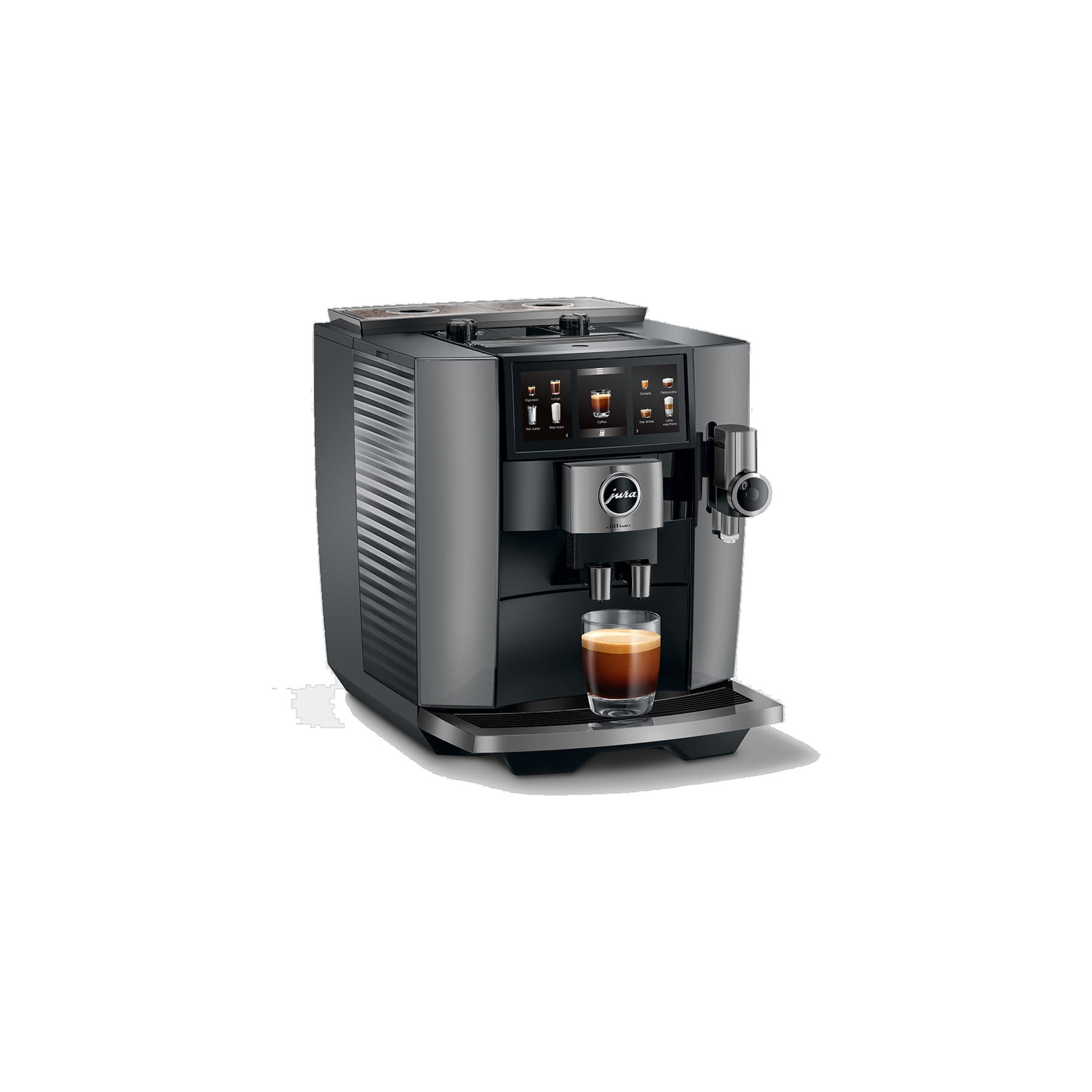 Jura J10 Twin Diamond Onyx — trois quarts avec espresso