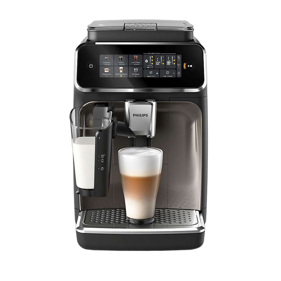 Philips 3300 LatteGo, vue trois-quarts avec verre de latte
